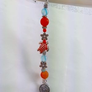 Handmade beaded turtle orange /turquoise Keychain